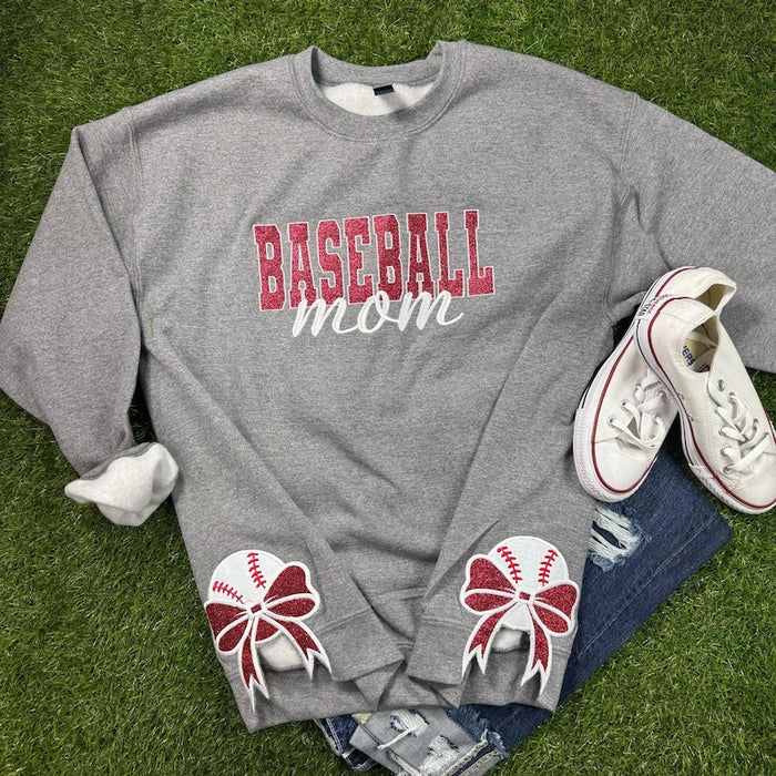 Personalized Baseball Mom Glitter Embroidered Sweatshirt With Glitter Side Bows
