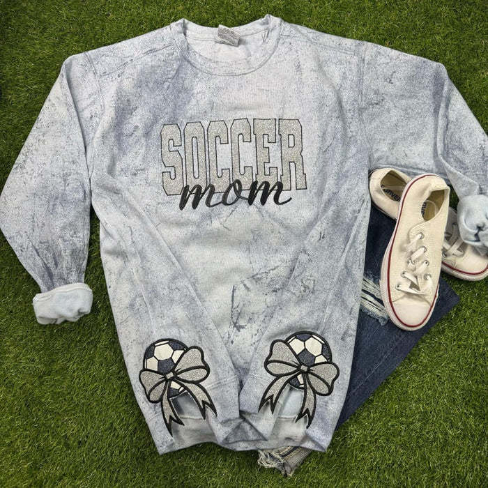 Personalized Soccer Mom Glitter Embroidered Sweatshirt With Glitter Side Bows