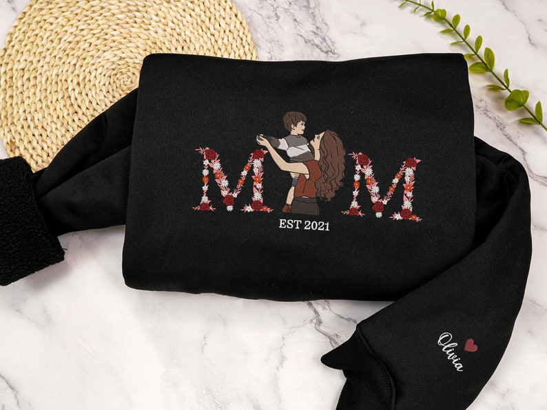 Custom Floral Date Portrait Embroidered Hoodie