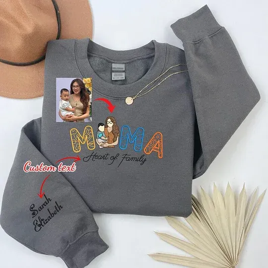 Custom Embroidered Portrait Photo Floral Mama Sweatshirt With Kids Names