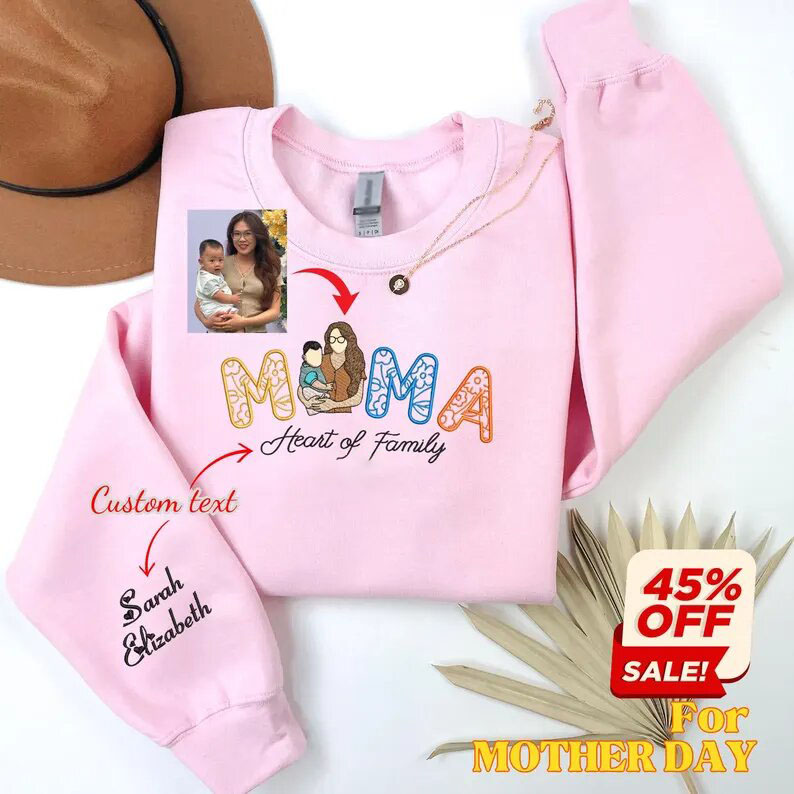 Custom Family Photo Portrait Embroidered Sweatshirt, Daddy Est Hoodie, Portrait from Photo, Custom Father/Mother Gift