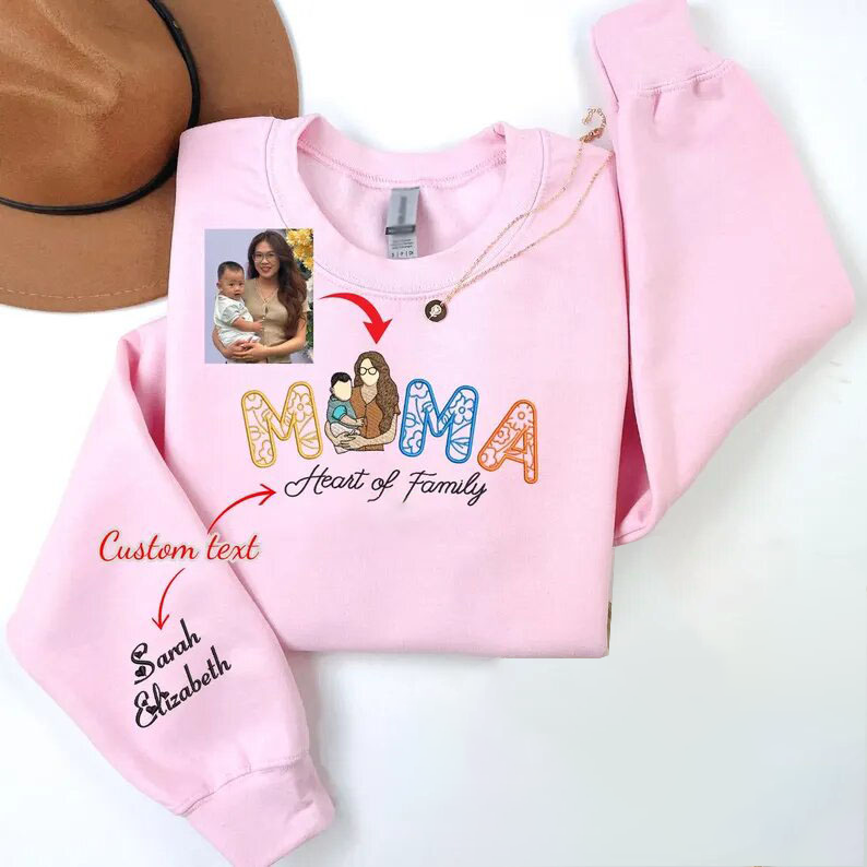 Custom Embroidered Portrait Photo Floral Mama Sweatshirt With Kids Names