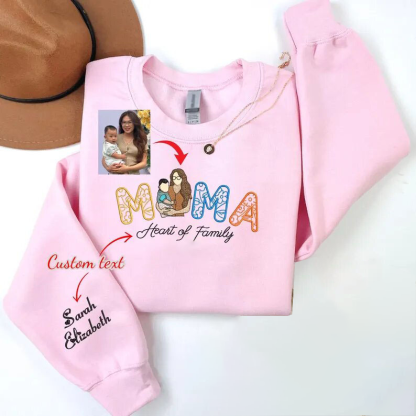 Custom Embroidered Portrait Photo Floral Mama Sweatshirt With Kids Names