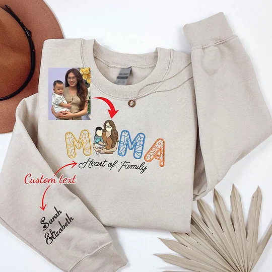 Custom Embroidered Portrait Photo Floral Mama Sweatshirt With Kids Names