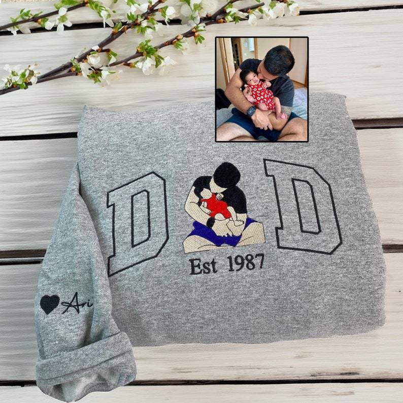 Custom Dad Photo Portrait Embroidery Sweatshirt With Kids Names