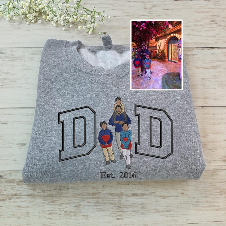 Custom Dad Photo Portrait Embroidery Sweatshirt With Kids Names