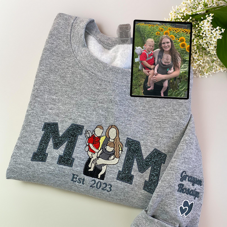 Personalized Embroidered Family Photo Portrait Glitter Mama Sweatshirt
