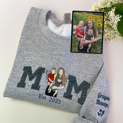Personalized Embroidered Family Photo Portrait Glitter Mama Sweatshirt