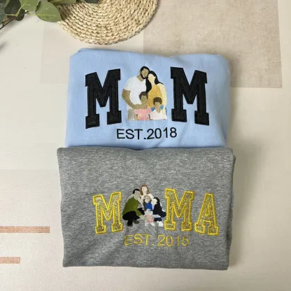 Personalized Embroidered Family Photo Portrait Glitter Mama Sweatshirt