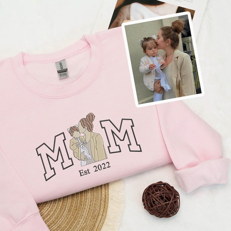 Custom Mom Photo Portrait Full Color Embroidery Sweatshirt