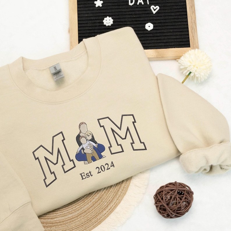 Custom Mom Photo Portrait Full Color Embroidery Sweatshirt