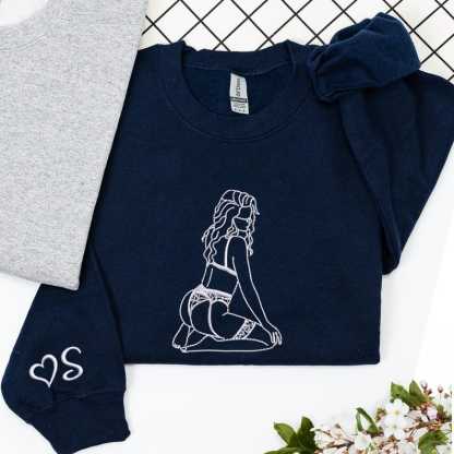 Personalized Hot Spicy Photo Portrait Line Art Embroidery Sweatshirt