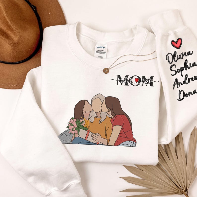 Custom Photo Portrait Embroidery Sweatshirt With Kids Names