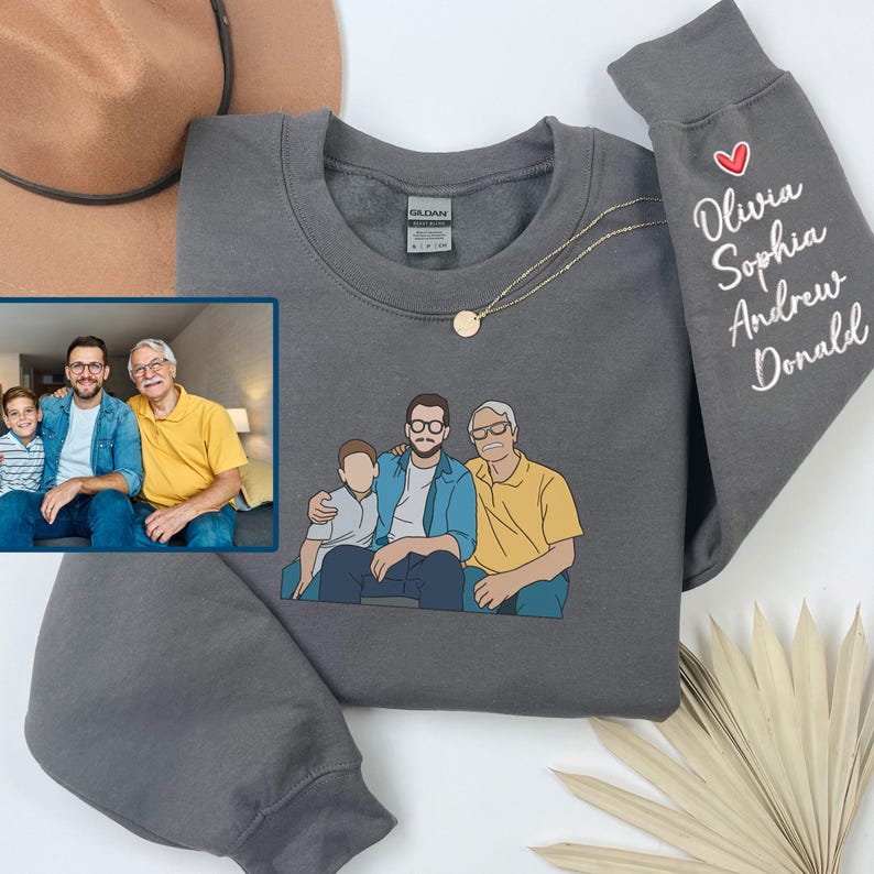 Custom Photo Portrait Embroidery Sweatshirt With Kids Names