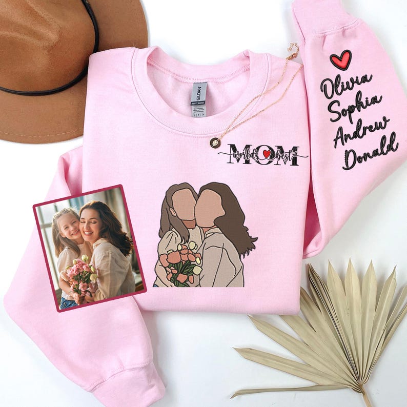 Custom Photo Portrait Embroidery Sweatshirt With Kids Names