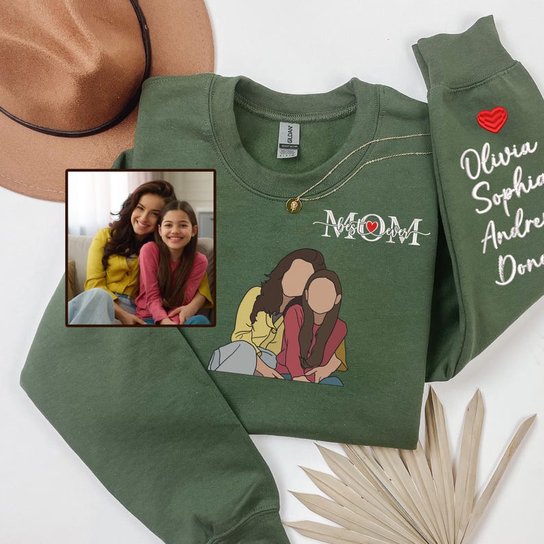 Custom Photo Portrait Embroidery Sweatshirt With Kids Names