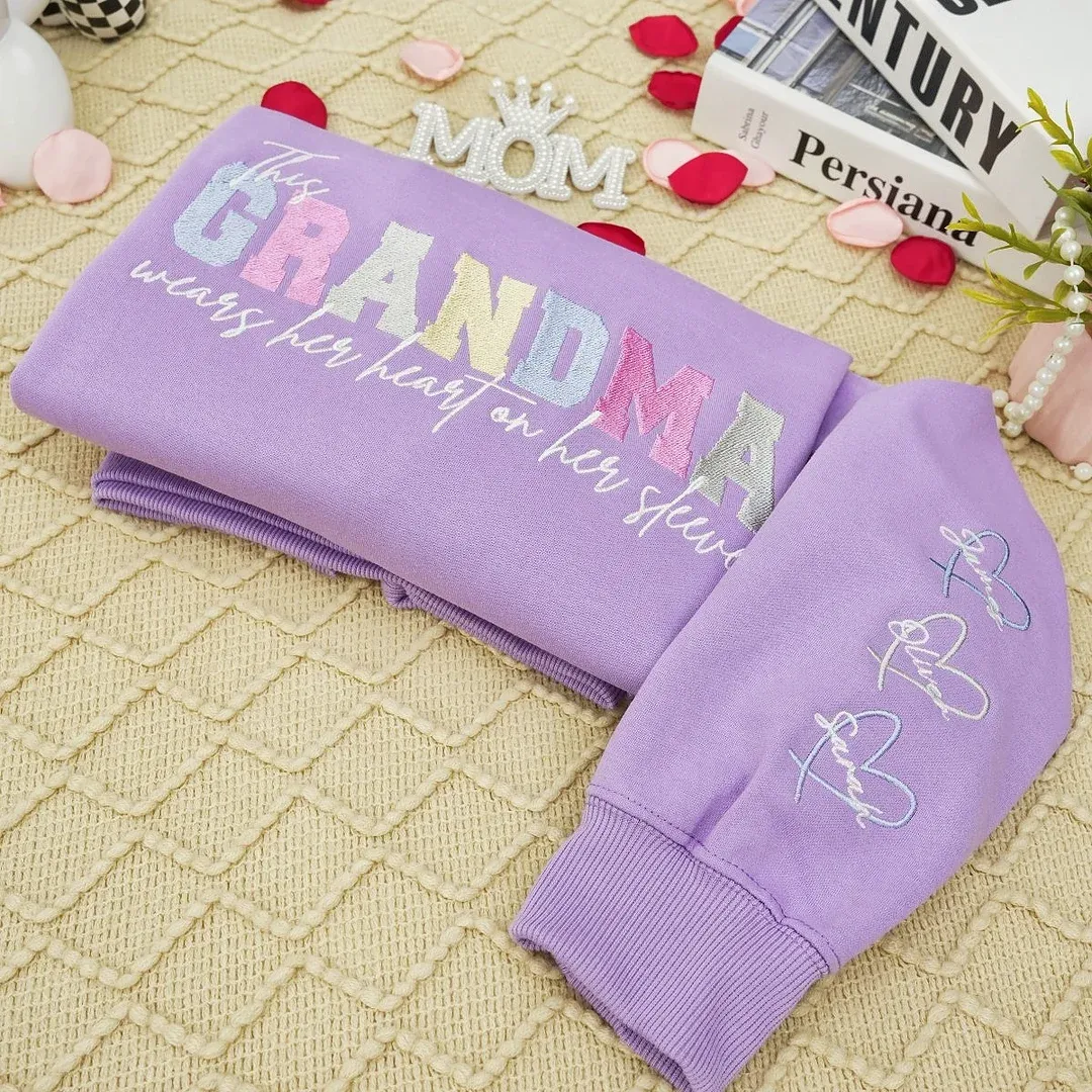 Personalized Heart on Sleeve Embroidered Sweatshirt-A Thoughtful Gift for Mom & Grandma 