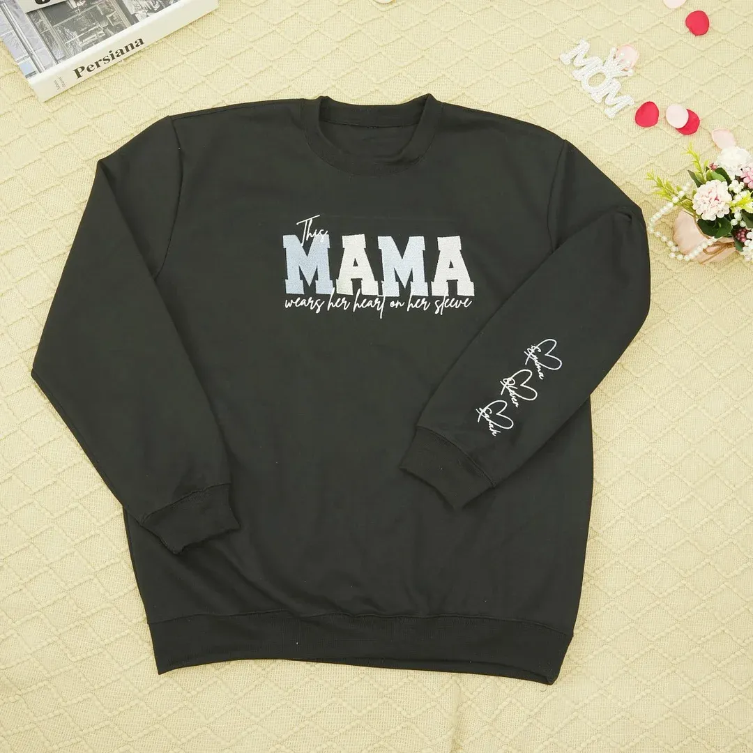 Personalized Heart on Sleeve Embroidered Sweatshirt-A Thoughtful Gift for Mom & Grandma 