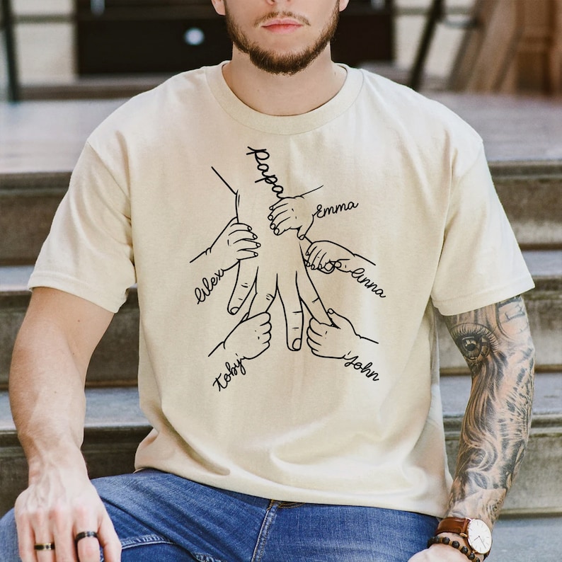 Custom Hands Holding Dad With Kids Names T-shirt