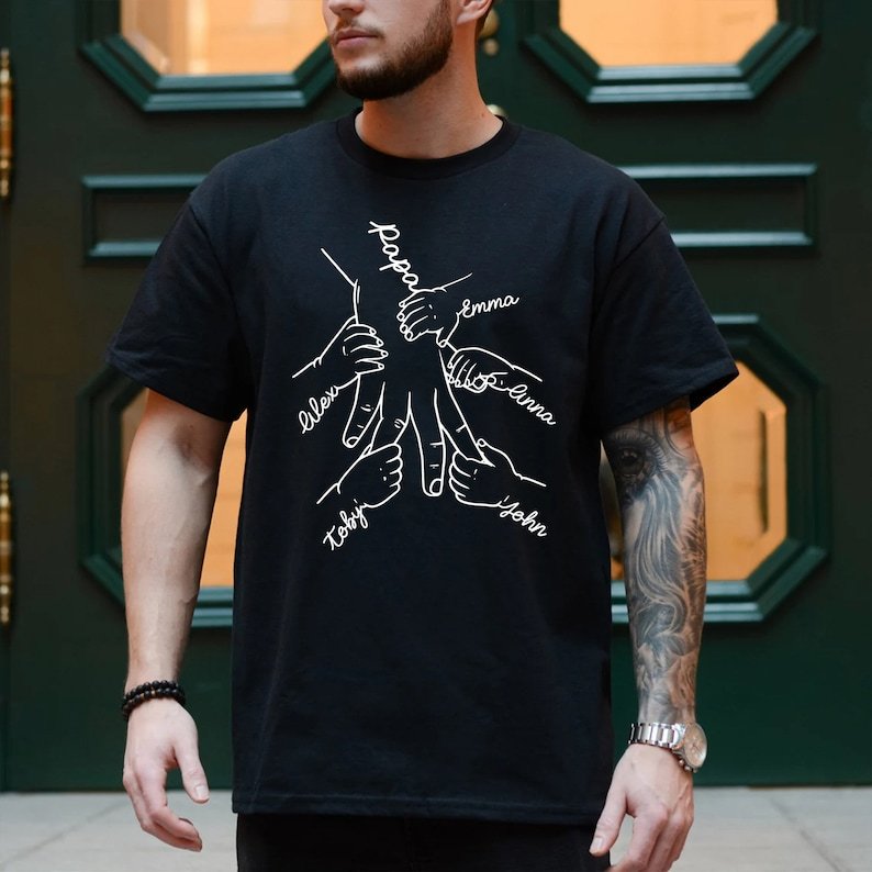 Custom Hands Holding Dad With Kids Names T-shirt
