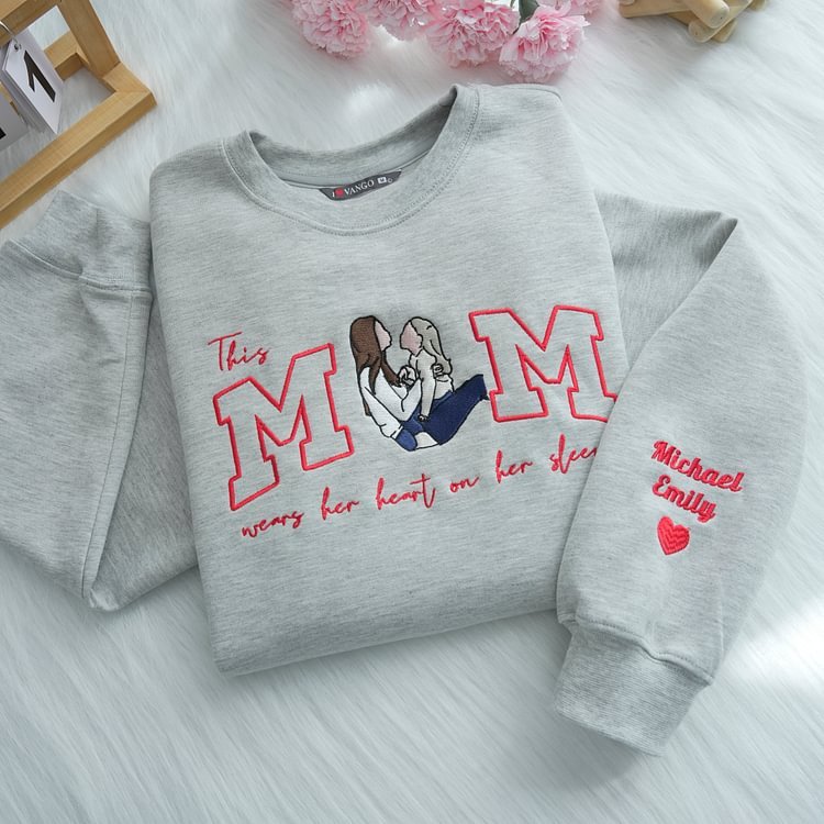 Custom This Mama Wears Her Heart On Her Sleeve Photo Embroidered Sweatshirt, Mother's Day Gift