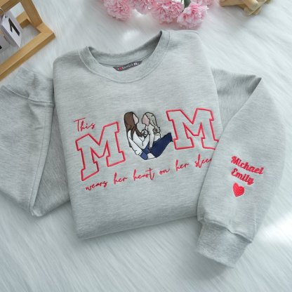 Custom This Mama Wears Her Heart On Her Sleeve Photo Embroidered Sweatshirt, Mother's Day Gift