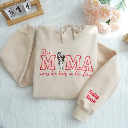 Custom This Mama Wears Her Heart On Her Sleeve Photo Embroidered Sweatshirt, Mother's Day Gift