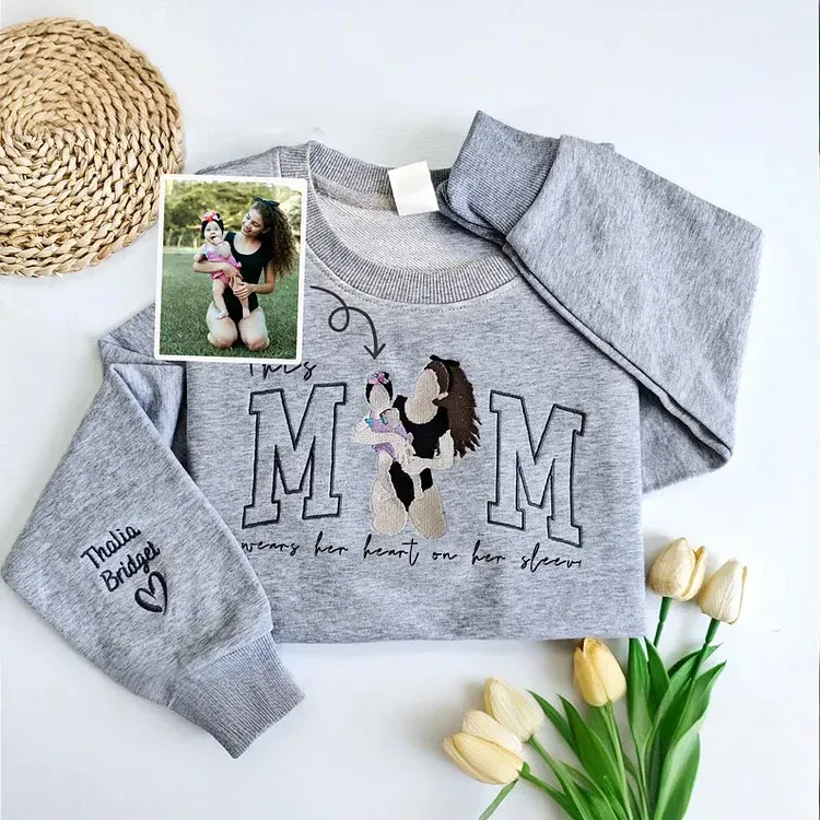 Custom This Mama Wears Her Heart On Her Sleeve Photo Embroidered Sweatshirt, Mother's Day Gift