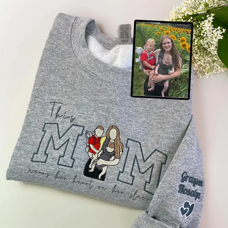 Custom This Mama Wears Her Heart On Her Sleeve Photo Embroidered Sweatshirt, Mother's Day Gift