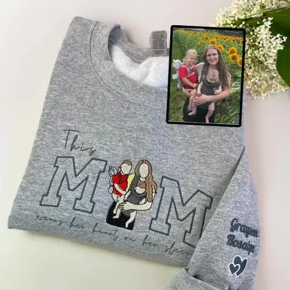 Custom This Mama Wears Her Heart On Her Sleeve Photo Embroidered Sweatshirt, Mother's Day Gift