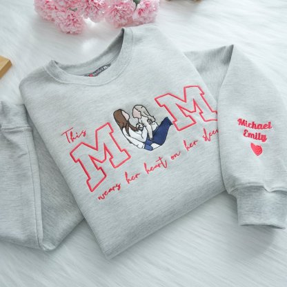 Custom This Mama Wears Her Heart On Her Sleeve Photo Embroidered Sweatshirt, Mother's Day Gift