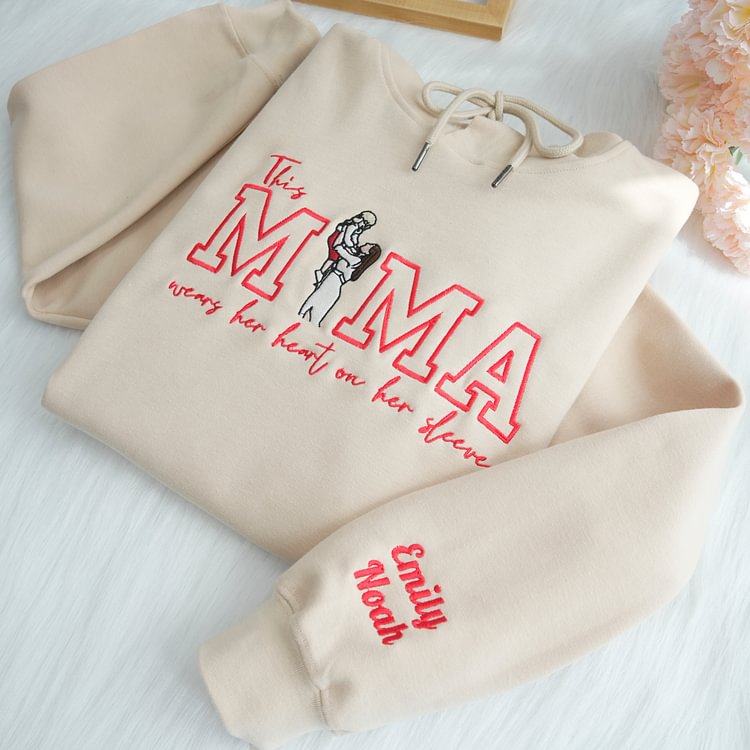 Custom This Mama Wears Her Heart On Her Sleeve Photo Embroidered Sweatshirt, Mother's Day Gift