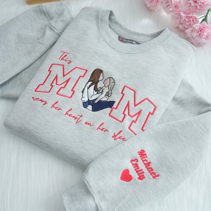 Custom This Mama Wears Her Heart On Her Sleeve Photo Embroidered Sweatshirt, Mother's Day Gift