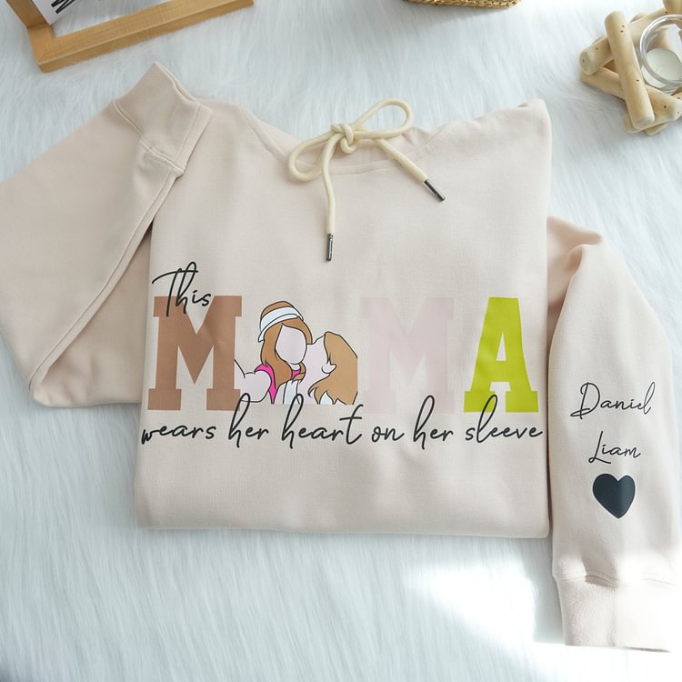 Mom Wears Her Heart on Her Sleeves - Custom Print Hoodie Mama and Kids Portrait