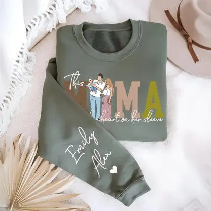 Mom Wears Her Heart on Her Sleeves - Custom Print Hoodie Mama and Kids Portrait