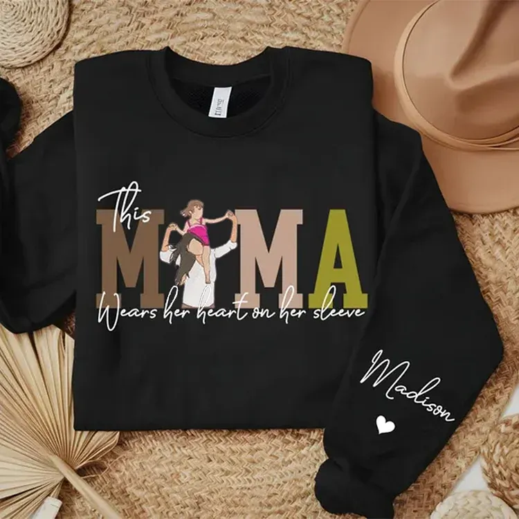 Mom Wears Her Heart on Her Sleeves - Custom Print Hoodie Mama and Kids Portrait