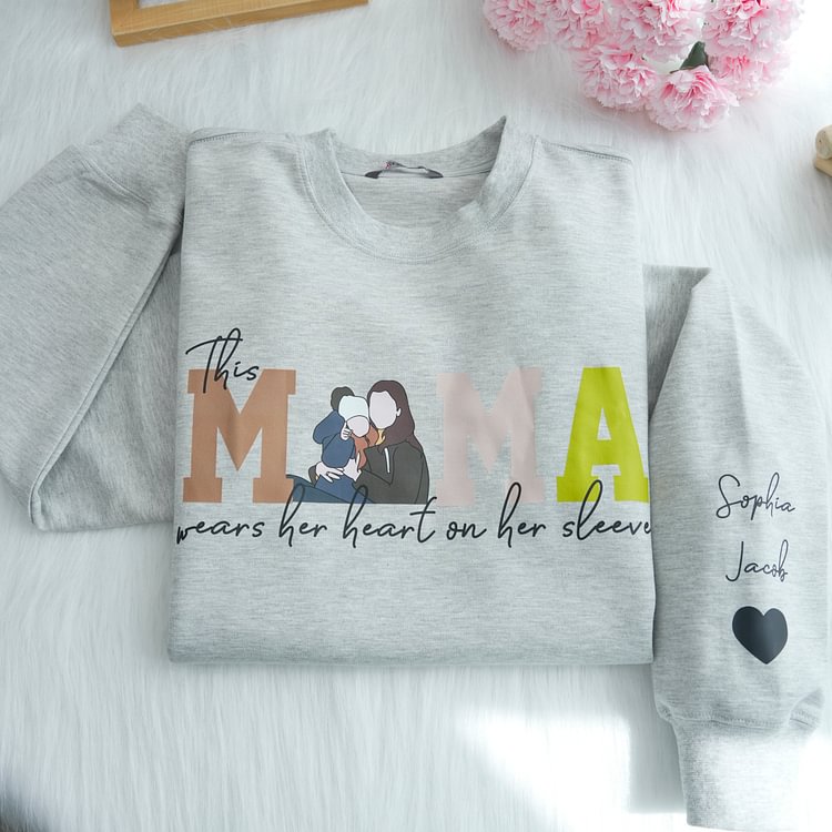 Mom Wears Her Heart on Her Sleeves - Custom Print Hoodie Mama and Kids Portrait