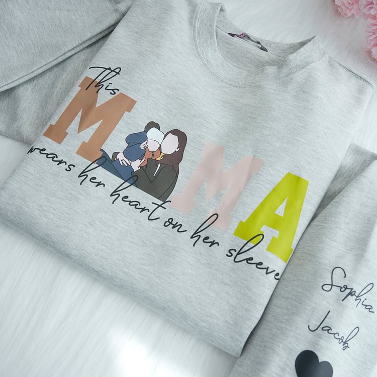 Mom Wears Her Heart on Her Sleeves - Custom Print Hoodie Mama and Kids Portrait