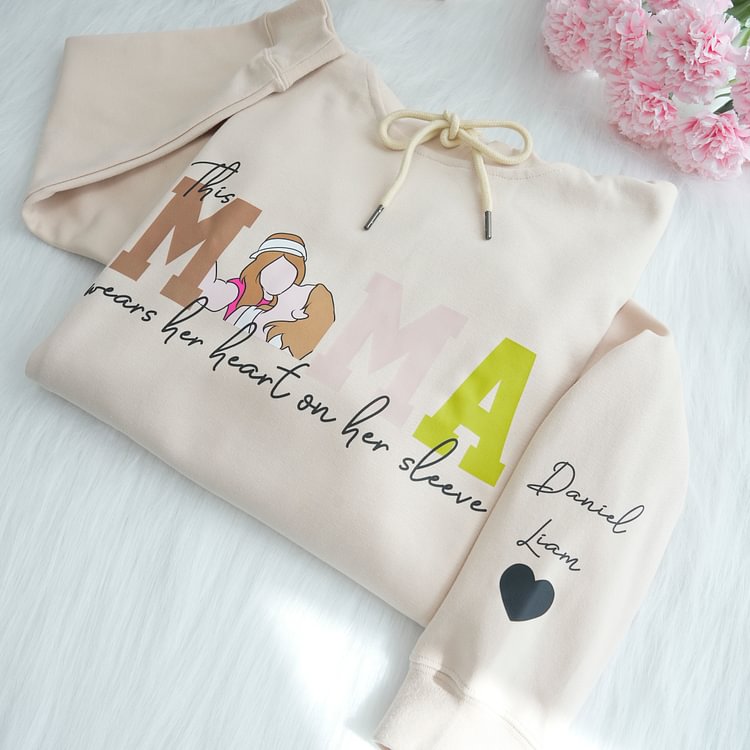 Mom Wears Her Heart on Her Sleeves - Custom Print Hoodie Mama and Kids Portrait
