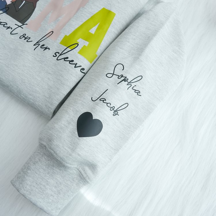 Mom Wears Her Heart on Her Sleeves - Custom Print Hoodie Mama and Kids Portrait