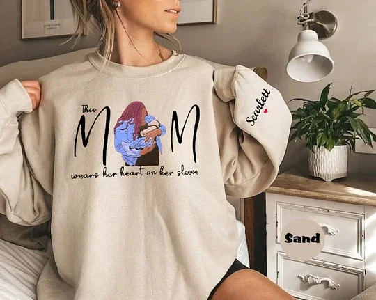Custom Photo Mom Wears Her Heart On Her Sleeve Embroidered Sweatshirt