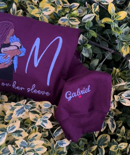 Custom Photo Mom Wears Her Heart On Her Sleeve Embroidered Sweatshirt