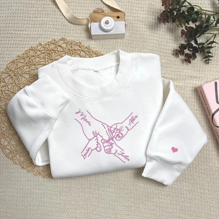 Personalized Mom Hands Embroidered Sweatshirt, Handprint with Kids Names Embroidered T-shirt Hoodie