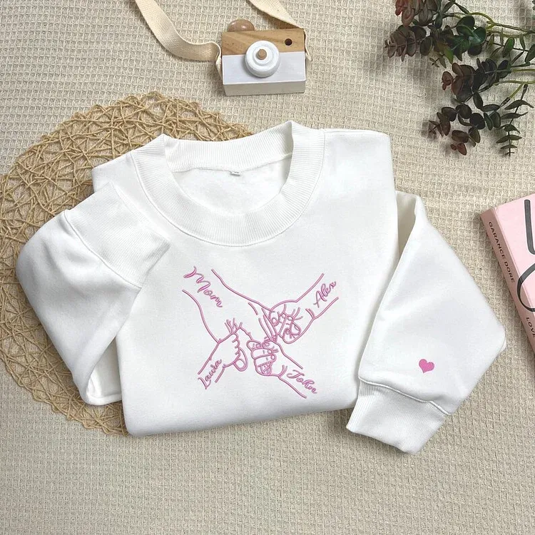 Personalized Mom Hands Embroidered Sweatshirt, Handprint with Kids Names Embroidered T-shirt Hoodie