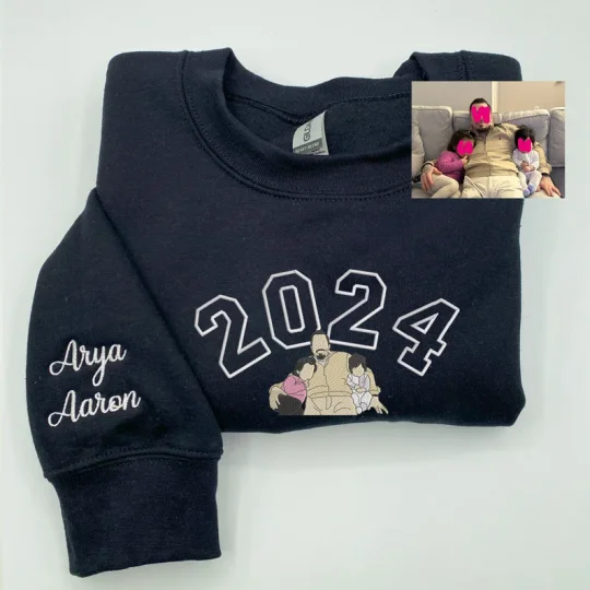 Custom Family Photo Portrait Embroidered Sweatshirt, Daddy Est Hoodie, Portrait from Photo, Custom Father/Mother Gift