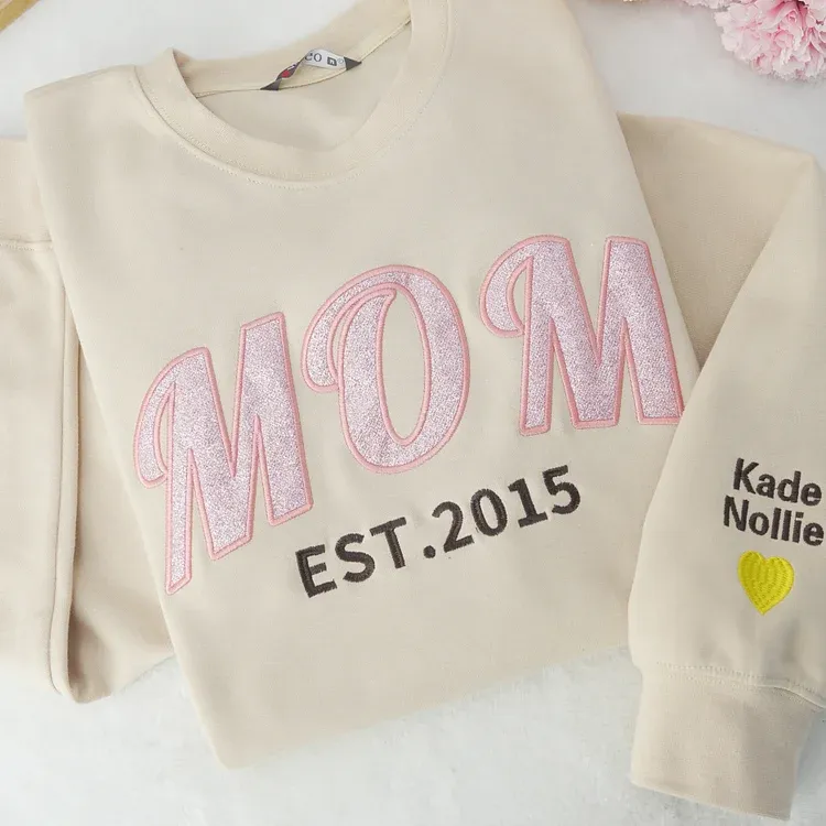 Pamaviva Custom Embroidered Applique Glitter Mom Sweatshirt - Gift For Mama
