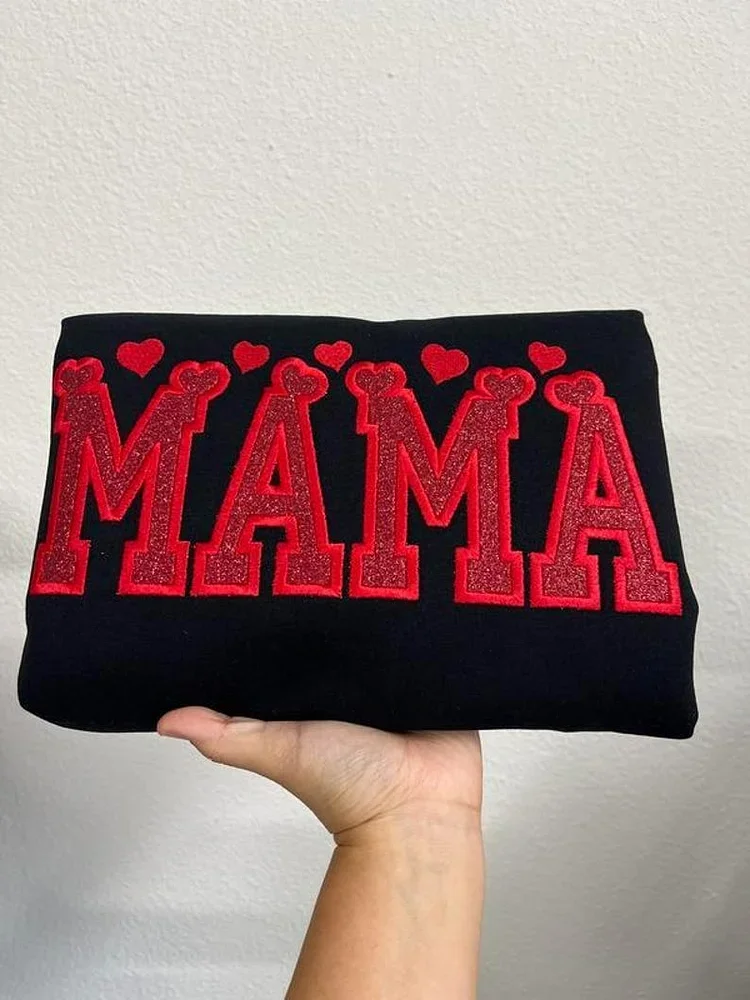 Glitter Embroidered Applique Sweatshirt，Simple Mama Pullover, Gift For Mom, Personalized Mama Shirt
