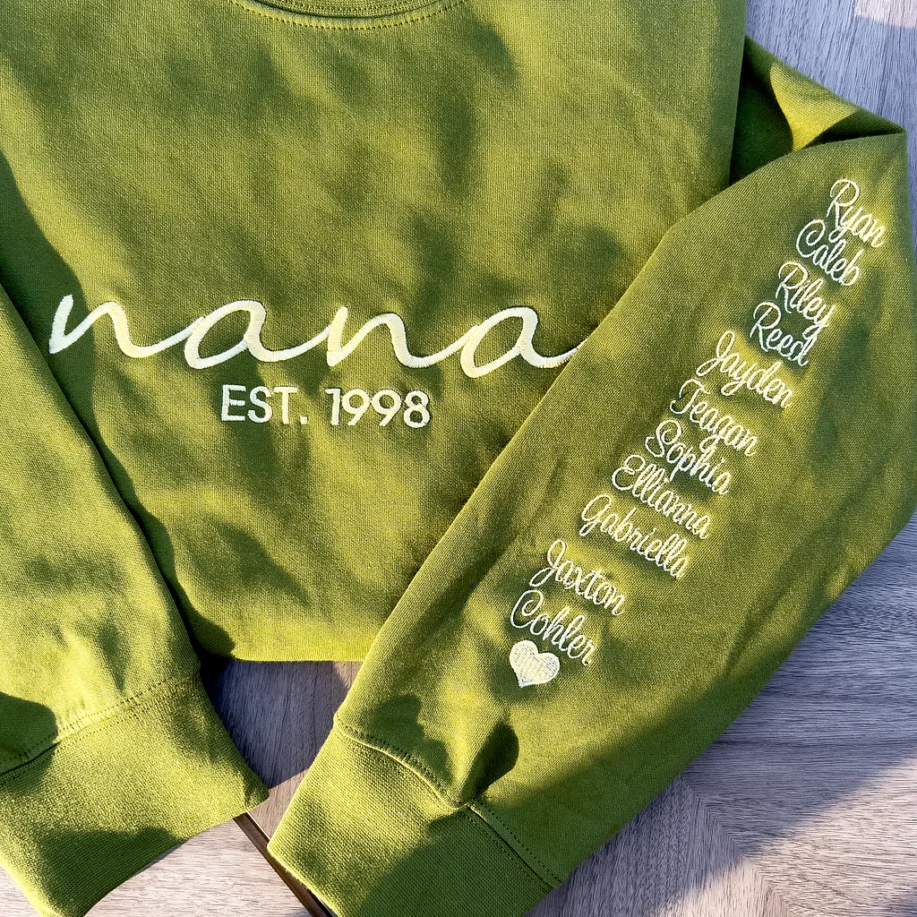 Custom Embroidered Mama/Nana Sweatshirt With Kids Names On Sleeve