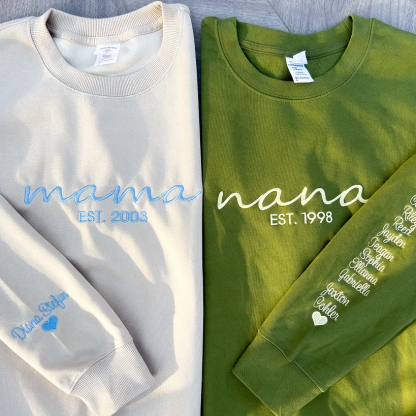 Custom Embroidered Mama/Nana Sweatshirt With Kids Names On Sleeve