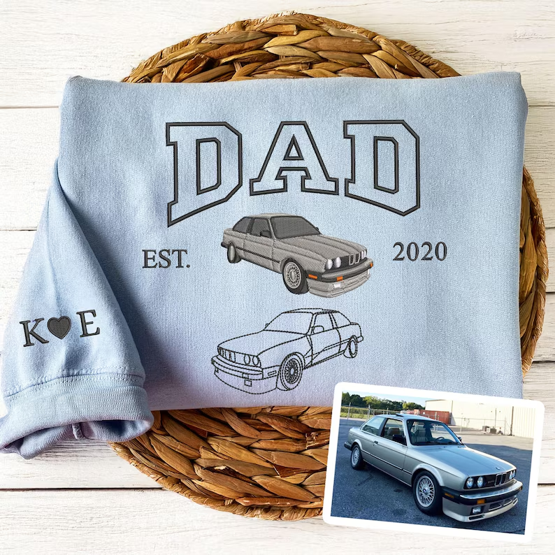 Custom Embroidered Dad Car Crewneck Using Car Photo, Car Embroidered Hoodie, Father's Day Gift
